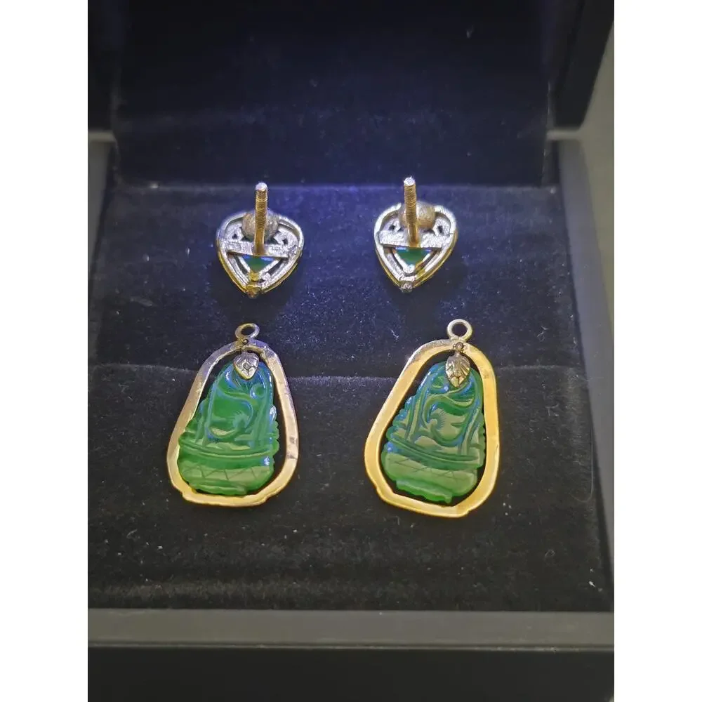 GIA Type A Jadeite Jade Carved Convertible Drop Earrings